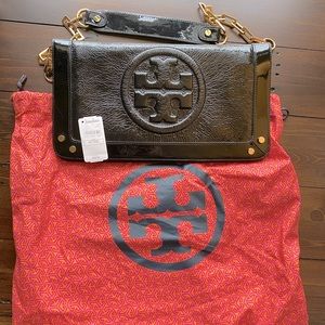 Tory Burch patent leather clutch with gold chain